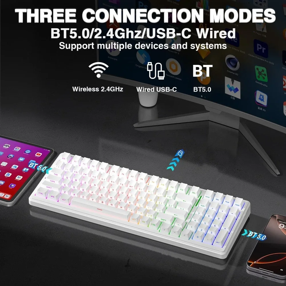AULA F99 Wireless Mechanical Keyboard RGB Backlit Gaming White Hot-Swappable